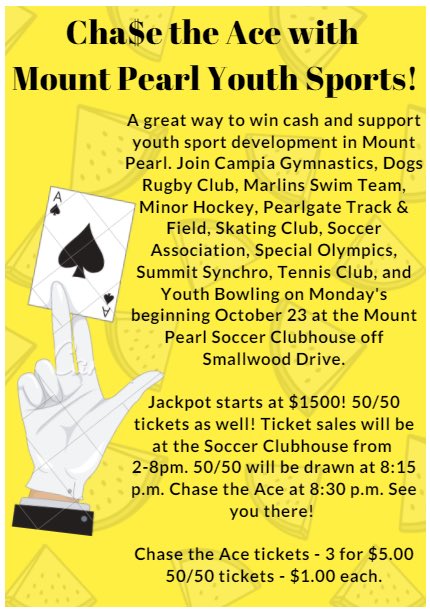 Chase the Ace <a href="/Mount_Pearl/">City of Mount Pearl</a> in support of Youth Sports!  #specialolympics