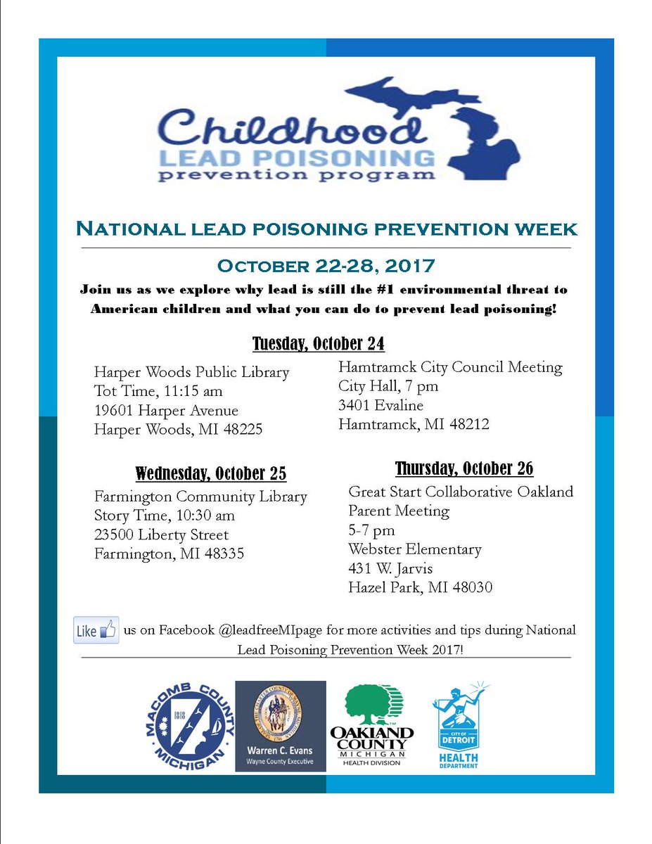 leadfreeMI's tweet photo. Attached is the revised flyer for National Lead Poisoning Prevention Week in Region 10! #NLPPW2017 https://t.co/pxmU4Qj91M
