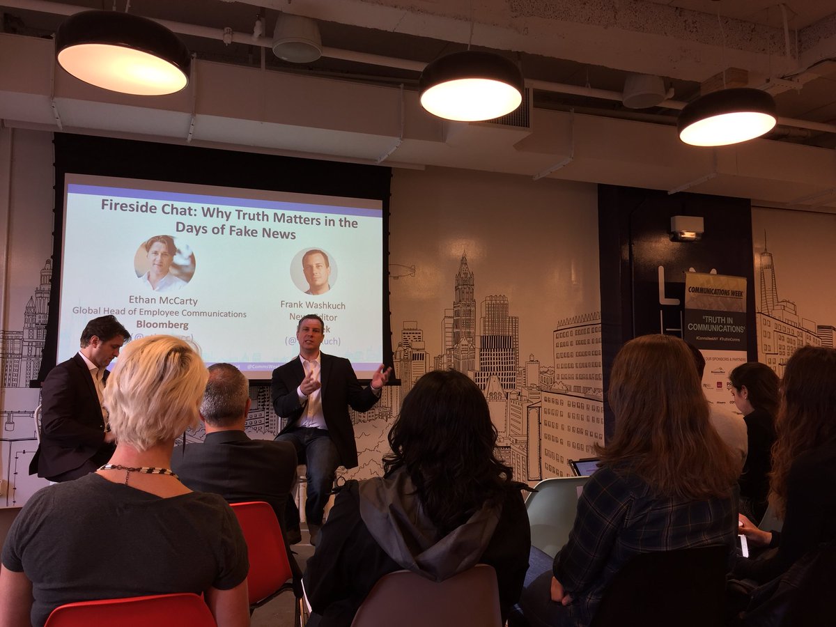 Gina_P's tweet photo. Fascinating #fakenews convo with @ethanmcc & @Washkuch on ethics for humans & machines. Algorithms can have bias. #truthincomms #commsweekny https://t.co/HeOeyObQq7