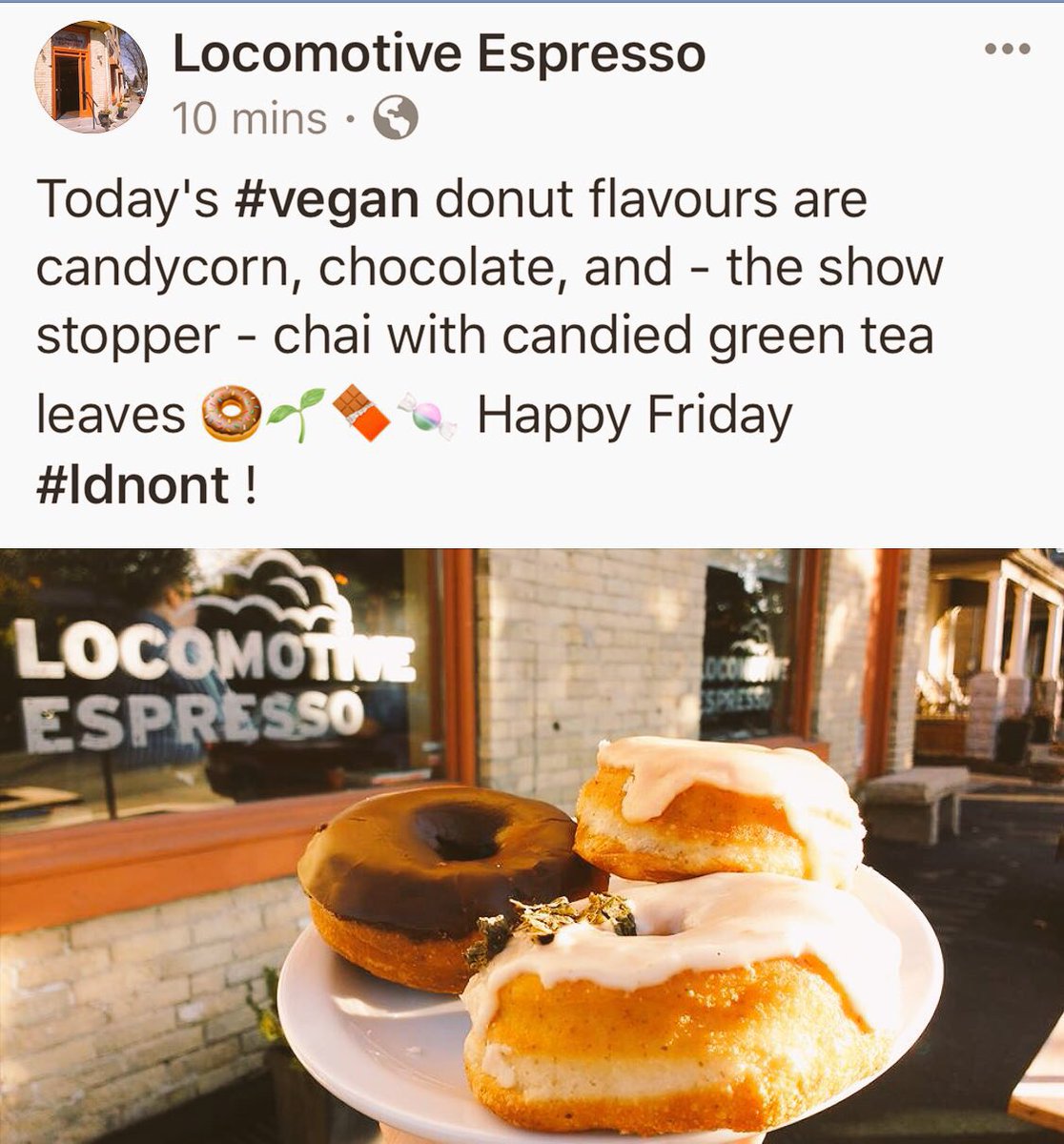 EspressoLdnont's tweet photo. Donut day - the flavours CANDYCORN, chocolate &amp; Chai w/candied green tea leaves 🍃 #thisisnotatrick #thisisatreat https://t.co/USUEOLrK3L