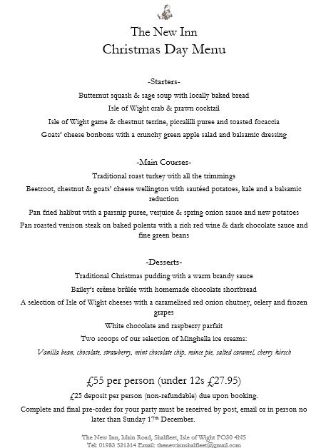 NewInnShalfleet's tweet image. Our Christmas Day and Christmas Party menus are now available! #Christmas #christmasparty #ChristmasIsComing #IsleofWight