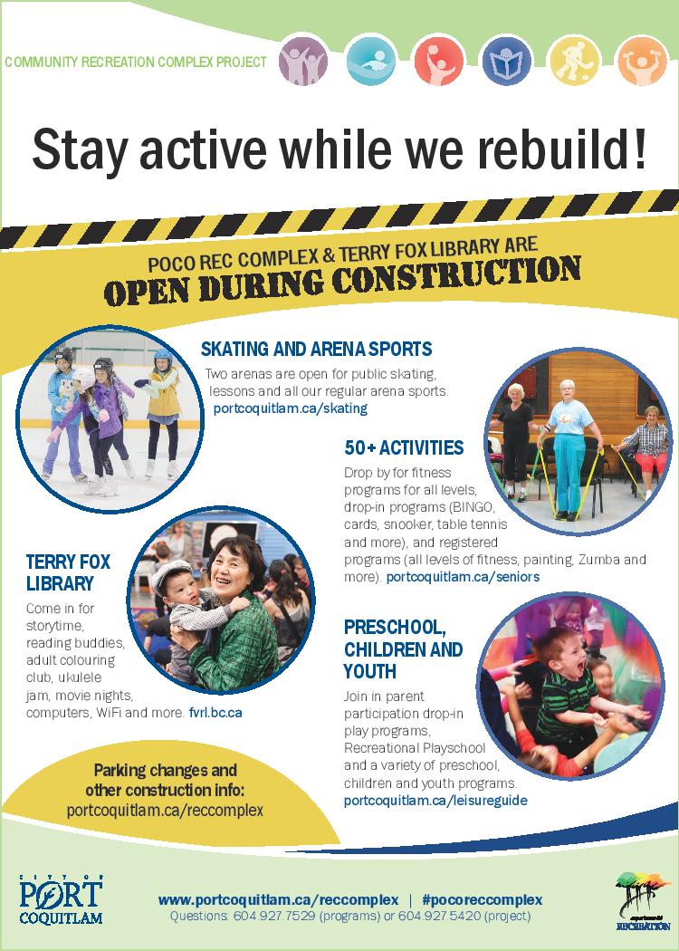 CityofPoCo's tweet photo. We're open during construction. Lots of activities to keep you active! https://t.co/LZGfO6OJoR or call 604.927.7529 #pocoreccomplex https://t.co/ZHCztFh5Um