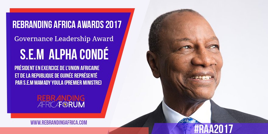 RebrandingAF's tweet photo. Le Governance Leadership Rebranding Africa Award a été décerné à S.E.M. Alpha Condé,Psdt de la Guinée et de @_AfricanUnion #RAA2017 #RAF2017 https://t.co/BkldqIPSGW