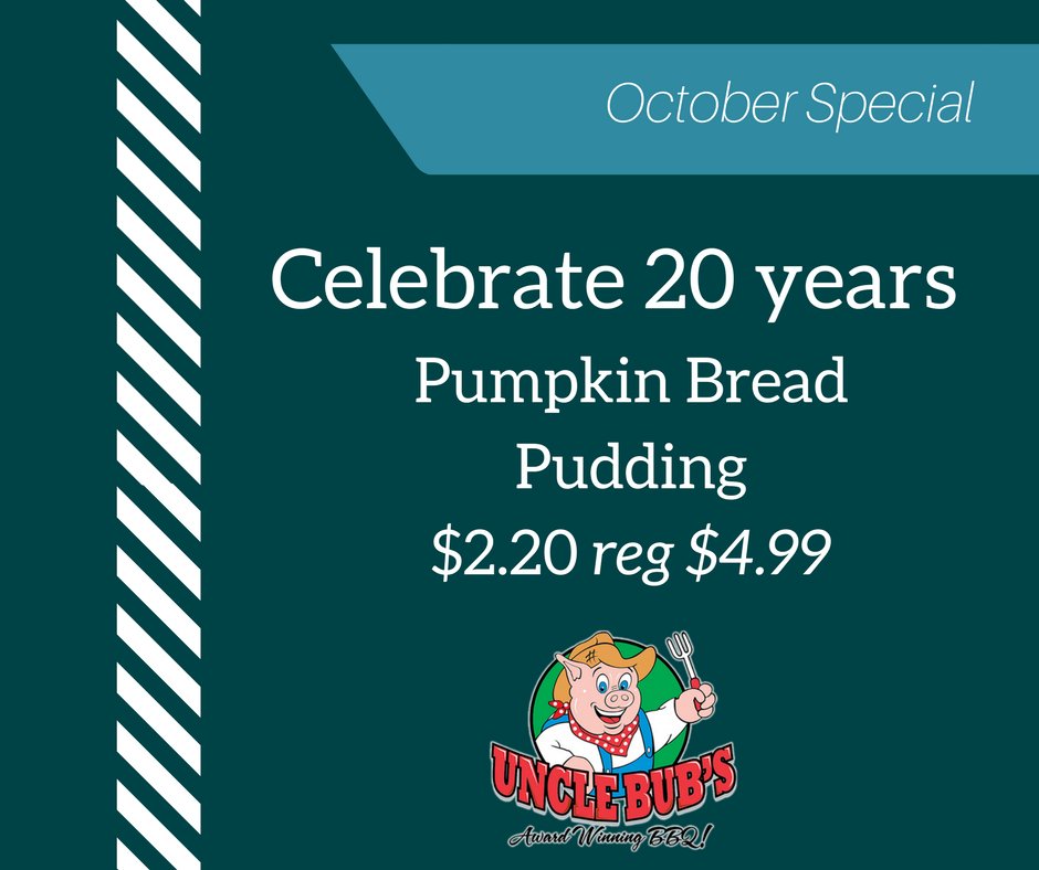 UncleBubsBBQ's tweet photo. The twenty year celebration continues with #PumpkinBreadPudding!! #UncleBubBBQ #20years https://t.co/qc0bMSuLH7 https://t.co/u2NekPguOf