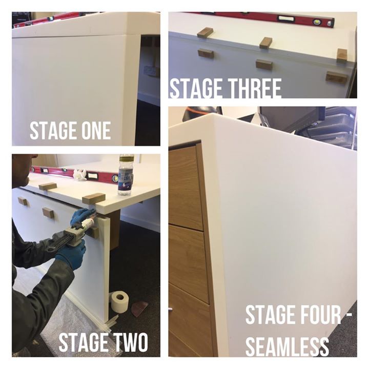 MedspaceUK's tweet photo. Solid Surface fabrication in action. Two sheets of material, one seamless desk. https://t.co/Ye6W5TE4HB