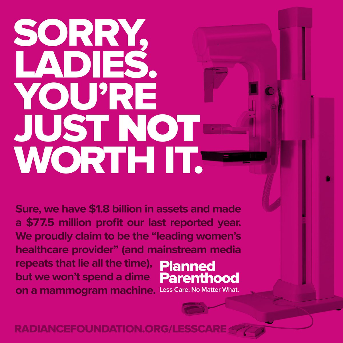 lifehaspurpose's tweet photo. .@PPFA claims to be the "leading women's healthcare provider" yet provides zero mammograms. #LessCareNoMatterWhat #NationalMammographyDay https://t.co/toKI81KuM3