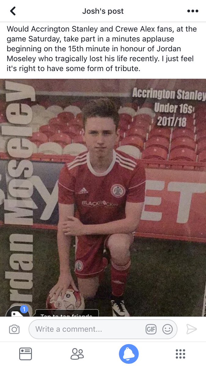 Josh_CAFC_180's tweet photo. @crewealexfc @ASFCofficial Can I ask the fans have minutes applause in the 15th minute in honour of Jordan Moseley who lost his life. https://t.co/e9OySUPLfB