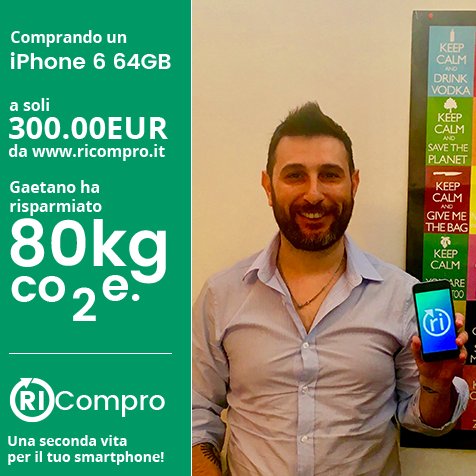 riCompro's tweet photo. Con l'acquisto di un iPhone 6 64GB di riCompro, Gaetano ha risparmiato oltre 80KG di emissioni CO2. @Gaetano Romeo #ambiente #riCompro https://t.co/VEErvi5Y85