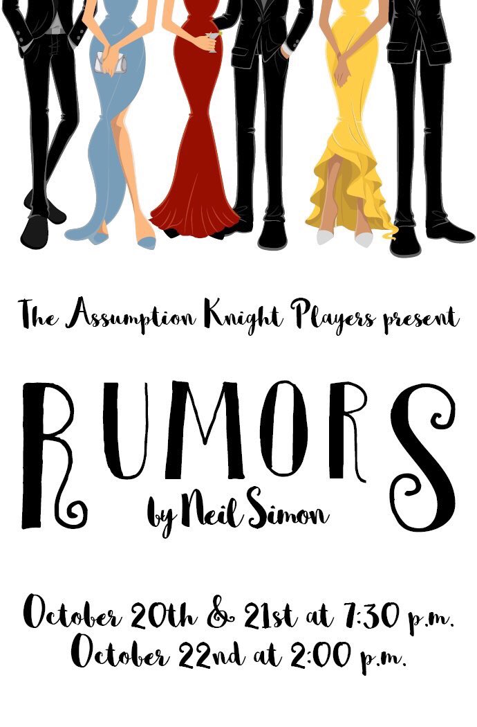 AssumptionDrama's tweet photo. Come see the Assumption Knight Players this weekend as they present Neil Simon's Rumors. Admission free with an AHS activity pass. https://t.co/kZn8Jr3aSU