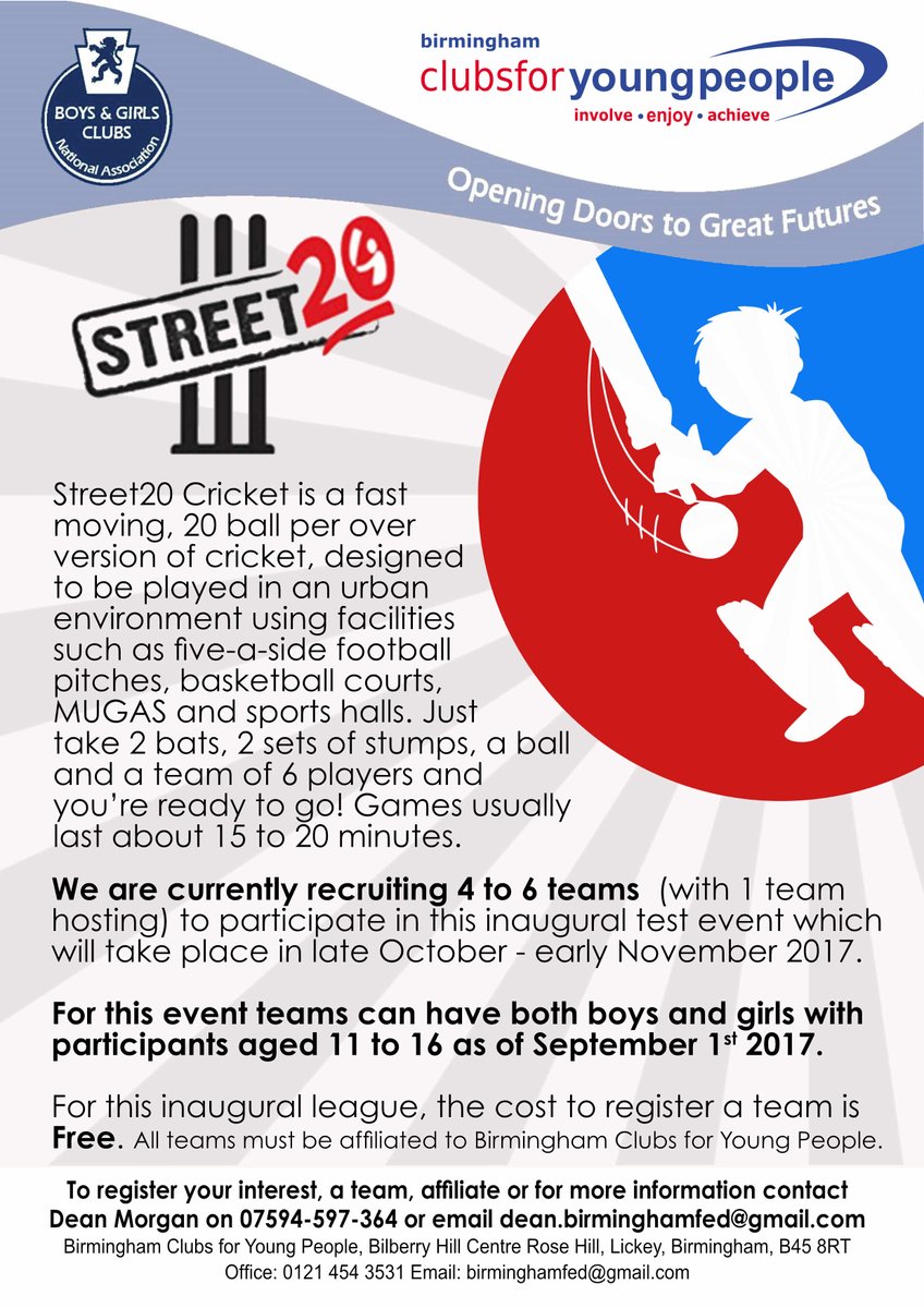 Were looking for 4 to 6 teams to participate in a Street20 Cricket test event. If your interested get in touch.