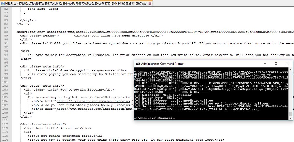 demonslay335's tweet photo. Wrote a script for extracting #BTCWare #ransomware config. Takes exe or whole folder of exes, can save note, etc. https://t.co/PqaNnKvDbi https://t.co/G4S6ujytcU