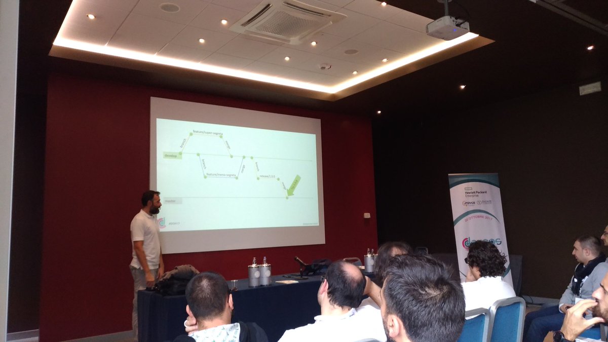 marcopiazzi's tweet photo. #GitFlow e #SemVer con @mauroservienti #DevOpsHeroes2017 #DOH17 #DevOps https://t.co/BjuwXob8oH