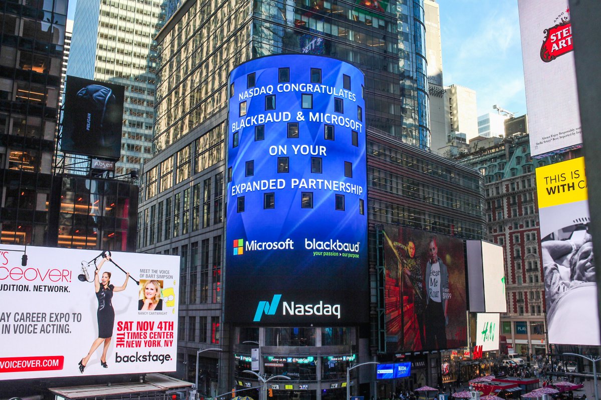 blackbaud's tweet photo. News of our strengthened partnership with @Microsoft made it's way to the @Nasdaq tower in NYC! https://t.co/oEMnMKeQBK #nptech https://t.co/Ce7xnWUW8K