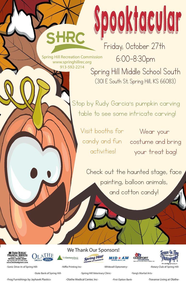 SpringHillRec's tweet photo. Spooktacular is next Friday! Bring your kiddos out for some trick-or-treating and #Halloween fun! #SHRCKS #SpringHillKS https://t.co/B9tY8OeAJF