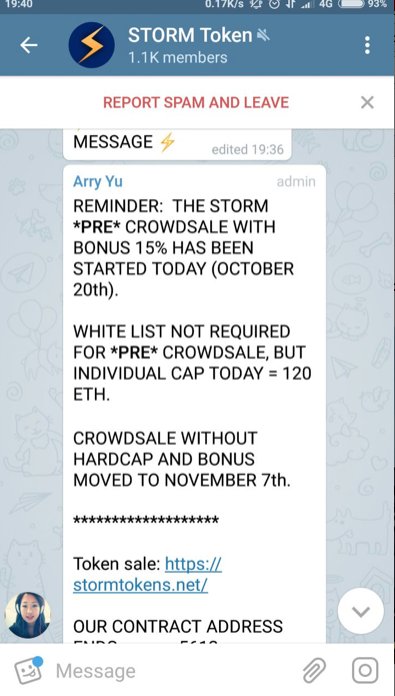Storm_Token's tweet photo. There is a fake STORM Telegram requesting you to send them ETH. Be careful, and a reminder, our Crowdsale does not start until November 7th. https://t.co/CsvGJ3TDCG
