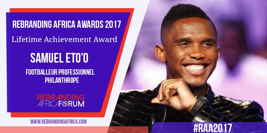 RebrandingAF's tweet photo. Le Lifetime Achievement Rebranding Africa Award a été décerné à Samuel Eto'o @setoo9 , Footballeur professionnel #RAA2017 #RAF2017 https://t.co/Q2cs4bEZvP
