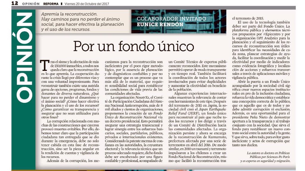 EuniceRendon's tweet photo. Les comparto mi columna de hoy en @Reforma - Por un #FondoÚnico. #Transparencia #Anticorrupción #ReconstrucciónCDMX #FuerzaMéxico https://t.co/hJeuuXD3Ki