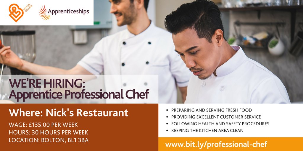 BoltonCollege's tweet photo. @NicksBolton is looking to hire an #Apprentice who is passionate about the industry! Apply at https://t.co/K8WAjYzjTi #GetInGoFar #Chef https://t.co/KYWFmiwAqk