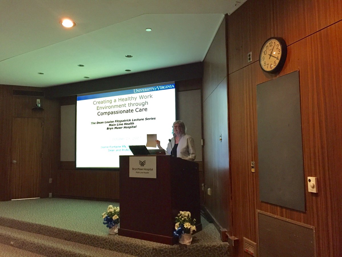 VUNursing's tweet photo. Alumna @DorrieFontaine fondly remembered #DeanFitzpatrick before her lecture on #CompassionateCare @mainlinehealth Bryn Mawr Hospital https://t.co/k4TARBM9Xx