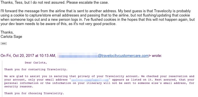 carlotasage's tweet photo. Booked on @travelocity, but they forwarded an email address that wasn't attached to my account to airline. #badcookie #privacy #friendlyex https://t.co/aQBcFzWiAF