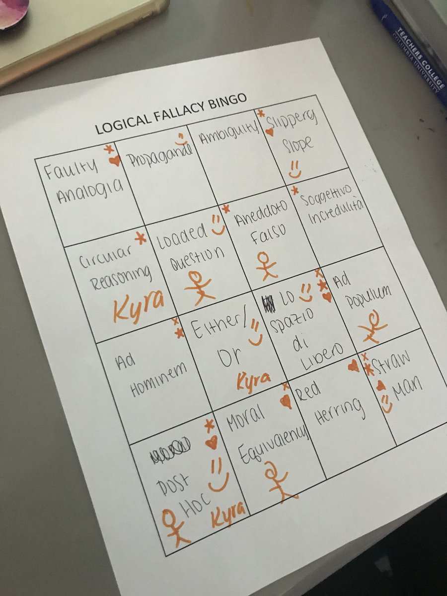 MsJenner's tweet photo. Logical fallacy BINGO in @MsDodds_HHS AP Lang class. https://t.co/T5iX7mpW9t