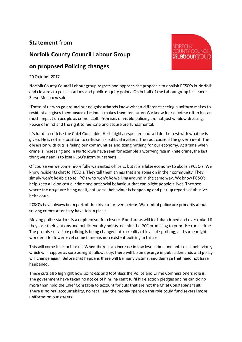 NorfolkLabourCC's tweet photo. Our statement on proposed policing changes - https://t.co/XFHAz59R1B