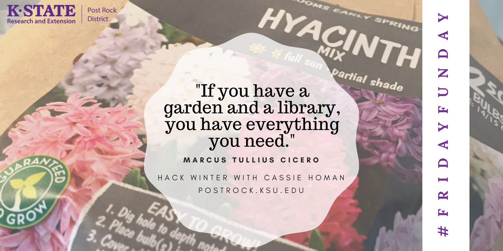 Cassie helps hack winter. Put hyacinth bulbs in fridge to bloom when snow flies. Library resources: bit.ly/2gyhg1E #FridayFunday