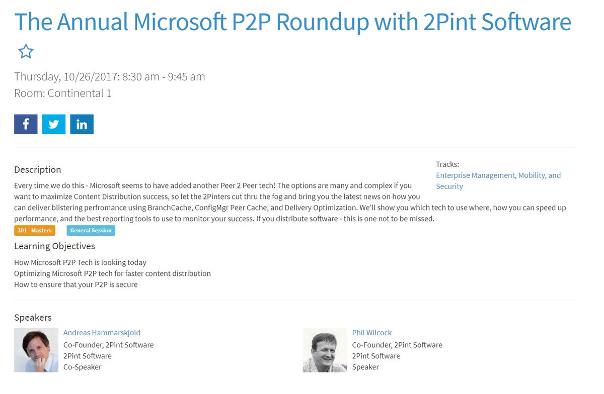 2pintsoftware's tweet image. This session at #itdevconnections is going to be a doozy! We got #BranchCache, we got Delivery Optimization,  LEDBAT!, oh, and Peer Cache..