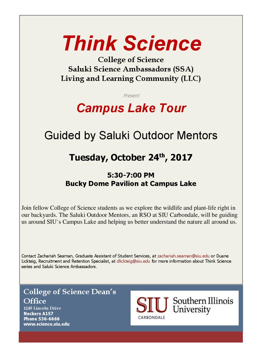 SIUC_Science's tweet photo. Join us for a guided tour around Campus Lake @SIUC on Oct. 24th at 5:30PM at the Bucky Dome Pavilion! #thisissiu #ThinkScience #nature https://t.co/Fd3odK35R0