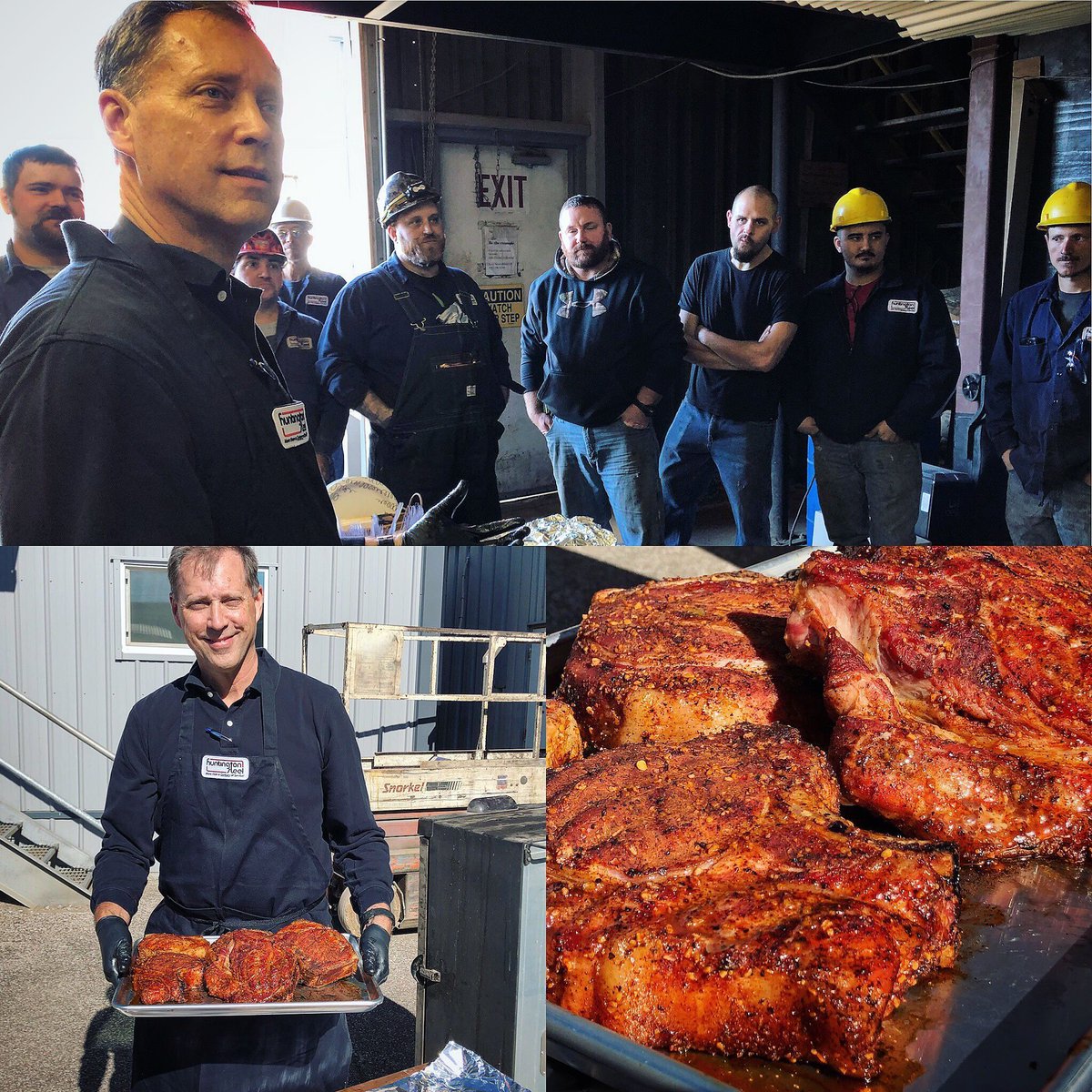 HuntingtonSteel's tweet photo. We hit our top safety goal last month! Which means we had a top chef(our CEO 😉) cook for the shop. #thoseareporkchops #ChiefandChef #Safety https://t.co/QSqB8jagiB