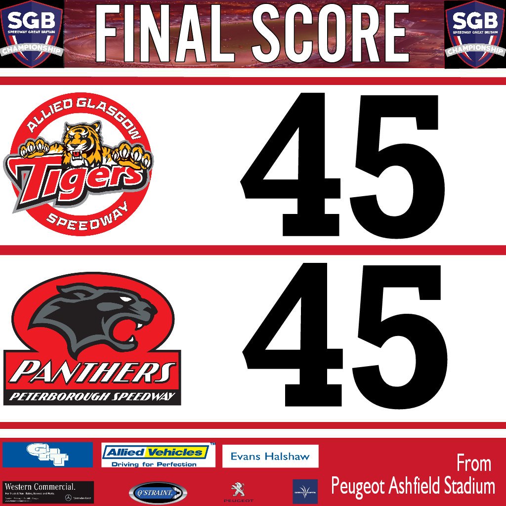 glasgowtigers's tweet photo. FINAL SCORE: From the Peugeot Ashfield Stadium. Good luck to the Peterborough Panthers in the KO Cup Final. https://t.co/IgwlRiW45z
