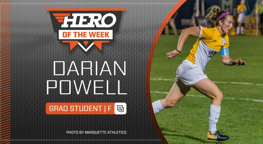 MarquetteWSOC's tweet photo. Darian Powell is the @HEROSportsSOC Player of the Week for her golden goal against Xavier last Saturday. #WeAreMarquette https://t.co/cHSsbJlwQc