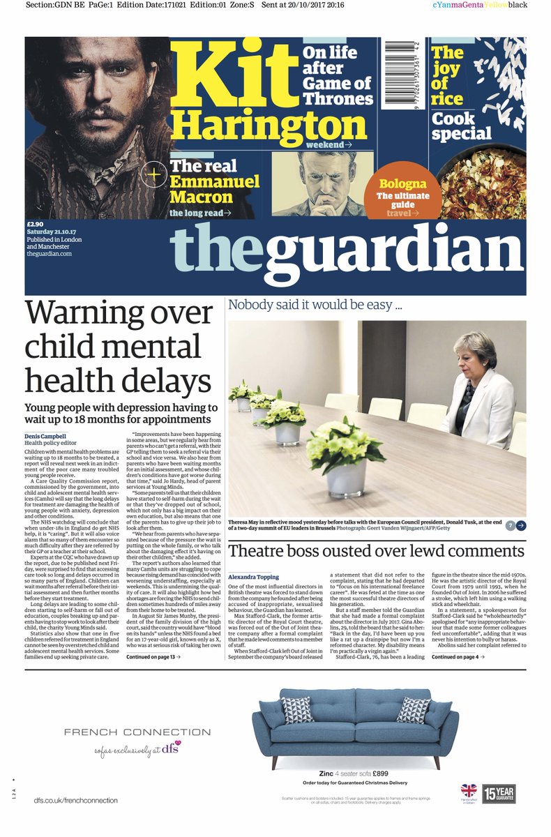 Guardian front page, Saturday 21 October 2017: Warning over child mental health delays