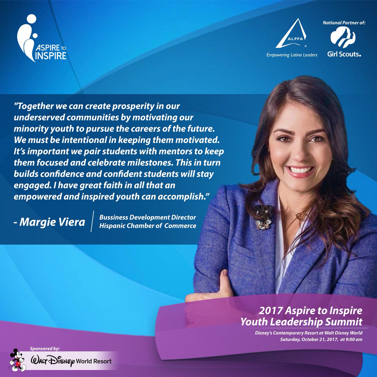 ALPFAOrlando's tweet photo. #AspireToInspire Co-founder Margie Viera is working with #ALPFA and #Disney to host this year's event! #GirlScouts https://t.co/WU2Lr5DetF
