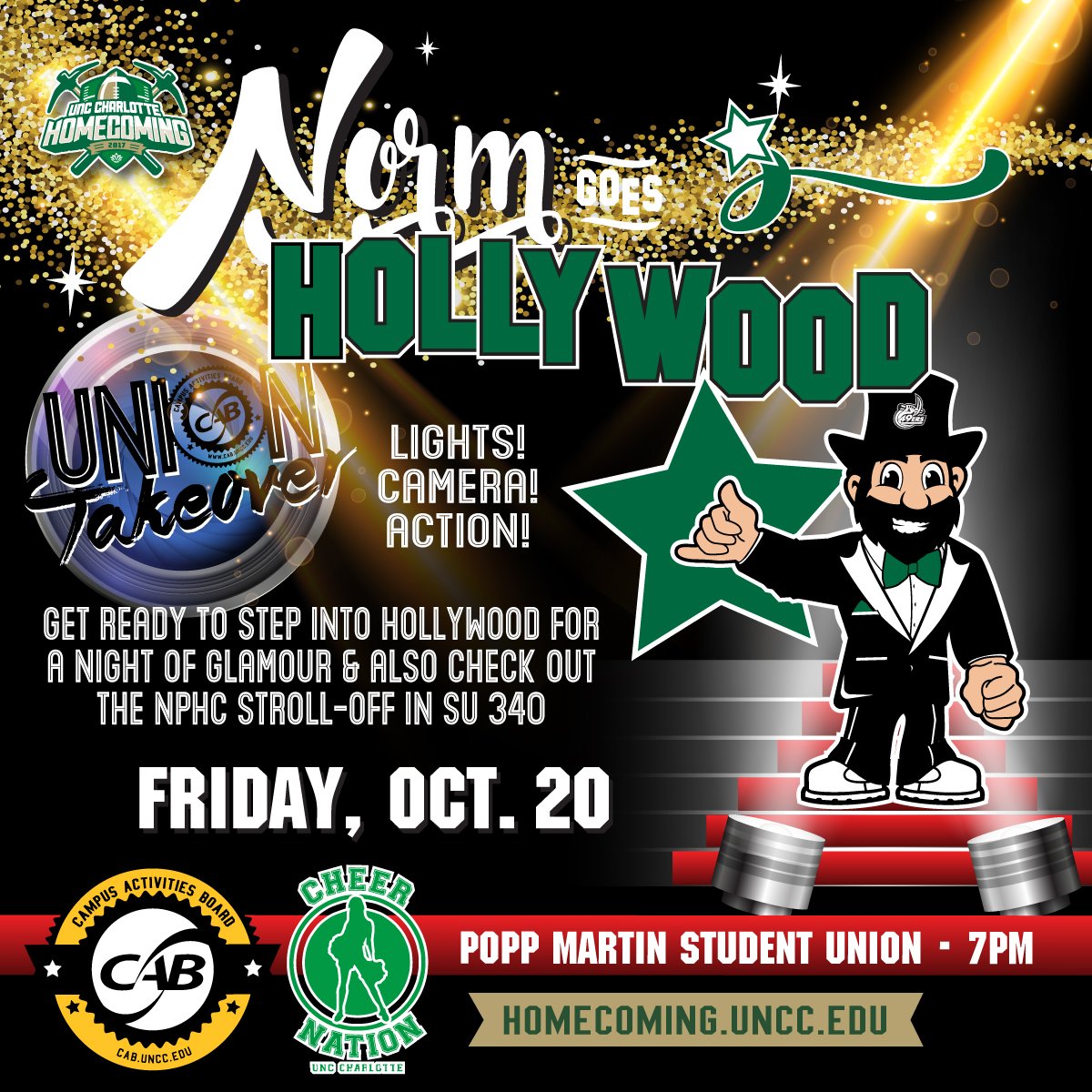 CLTStudentUnion's tweet photo. Be at the Rave on Crave and Norm Goes Hollywood tonight for free food, a step show, and more! #UNCC #UNCCUnion https://t.co/q0uAQBxw32