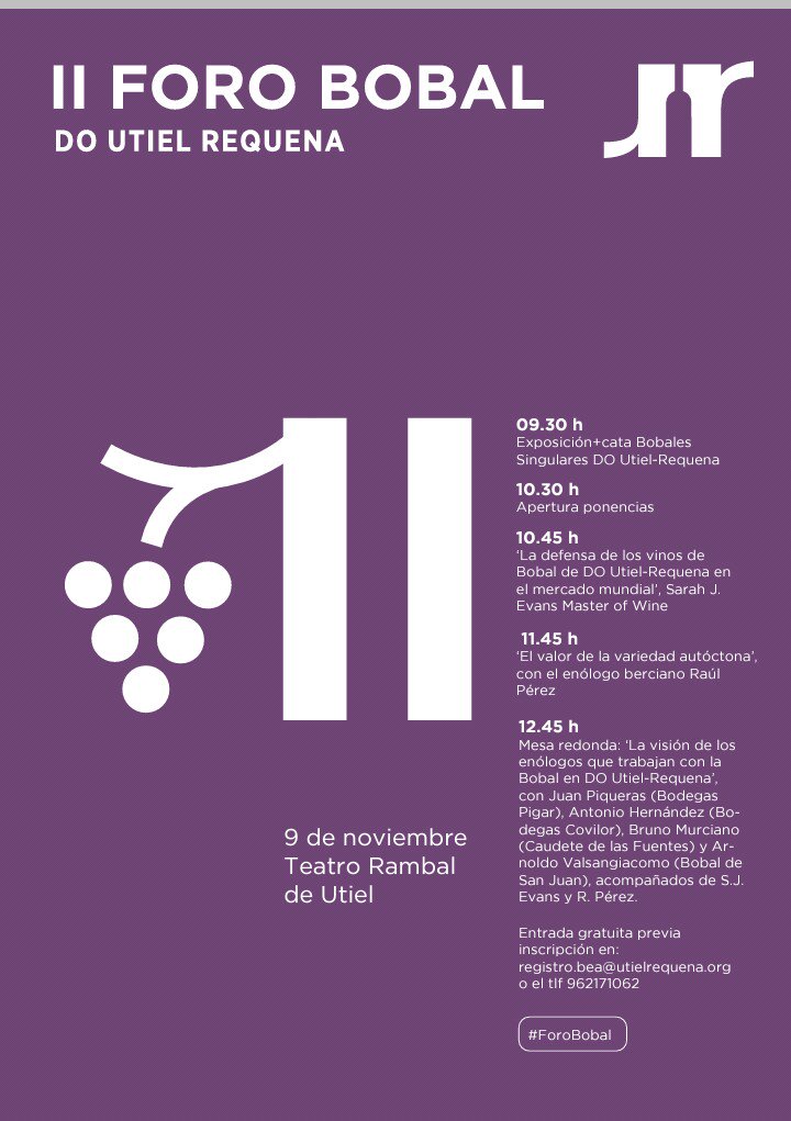 BodegasPigar's tweet photo. El 9 de noviembre estaremos en el II FORO BOBAL en el Teatro Rambal de Utiel hablando de nuestra querida uva!!!🍇🍇🍇 #forobobal #bobalsingular https://t.co/9h52EVqu6j