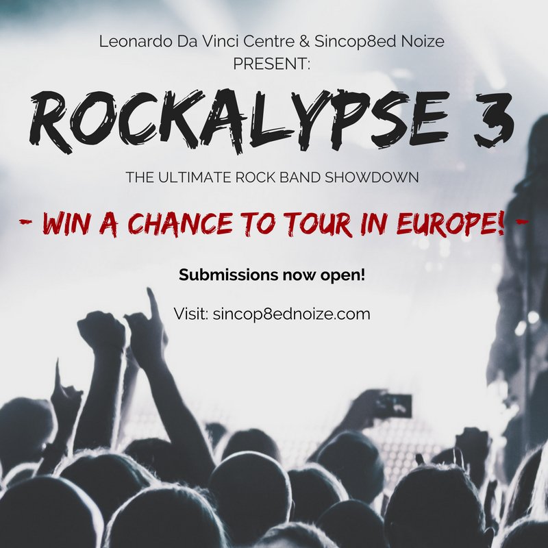 Sinco8edNoize's tweet photo. Rockalypse 3 will be back in 2018! Win a chance to TOUR in EUROPE! Apply Now: https://t.co/yz024xcdjF #rockalypse3 #winatour #contest https://t.co/UqVKO2aUoD