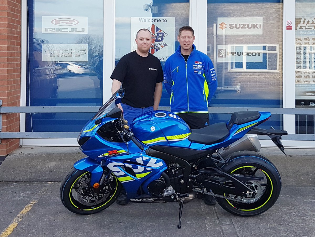 BandBSuzuki's tweet photo. #GaryJohnson collecting his new #GSXR 1000 from B and B @BandBSuzuki for the 2018 @iom_tt with help from @SuzukiBikesUK  and #YorkSuzuki https://t.co/fTudsCSocd