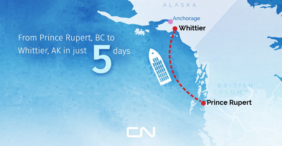 CNRailway's tweet photo. One of the world’s largest railcar barges, CN's Aquatrain can carry 45 railcars from Prince Rupert, BC to Whittier, AK in just 5 days! https://t.co/UztADKdTU6
