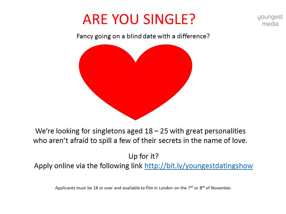 youngestMedia's tweet photo. Single? Fancy going on a blind date with a difference? Then we need you for a brand new dating show. Apply here> https://t.co/YlUiXOonpZ https://t.co/HO64QcD2E4