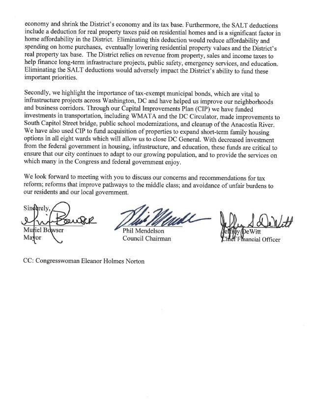 MayorBowser's tweet image. I&apos;ve joined @ChmnMendelson &amp;amp; CFO Jeffrey DeWitt in urging Congress to preserve #SALT. 
➡️#TaxReform must prioritize middle class families.