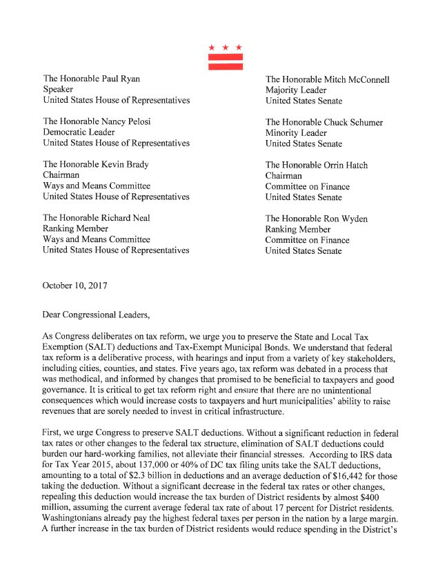 MayorBowser's tweet image. I&apos;ve joined @ChmnMendelson &amp;amp; CFO Jeffrey DeWitt in urging Congress to preserve #SALT. 
➡️#TaxReform must prioritize middle class families.