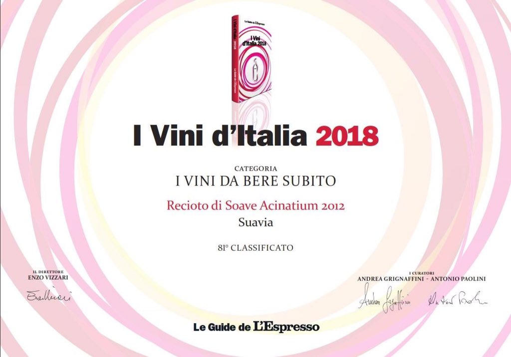 Il nostro #reciotodisoave #Acinatium 2012 è nella lista dei 100 VINI DA BERE SUBITO per #guideespresso