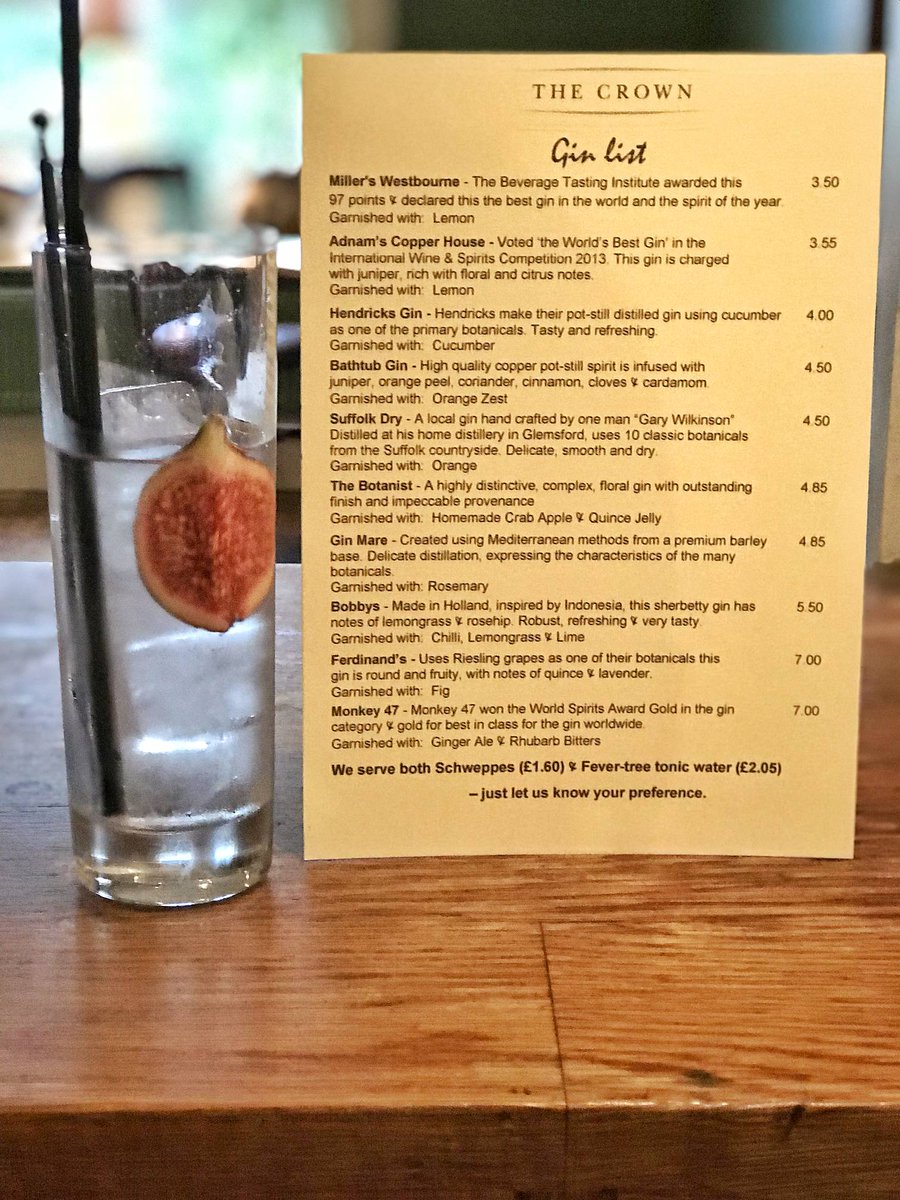 CrownInnSuffolk's tweet photo. Start your weekend off right - pick a delicious gin and tonic from our #ginlist https://t.co/yc9Gp1iaJs