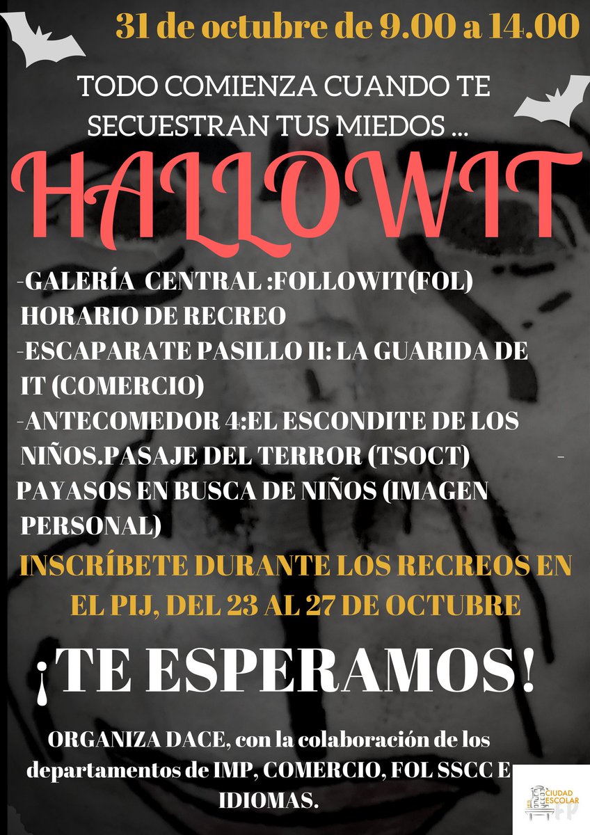 adrimkdigital's tweet photo. Se acerca la semana mas terrorífica del año...te atreverás a celebrarlo? #iesciudadescolar  #gvec #itishalloween #hallowit #marketingdigital https://t.co/xTGOgPVJhA