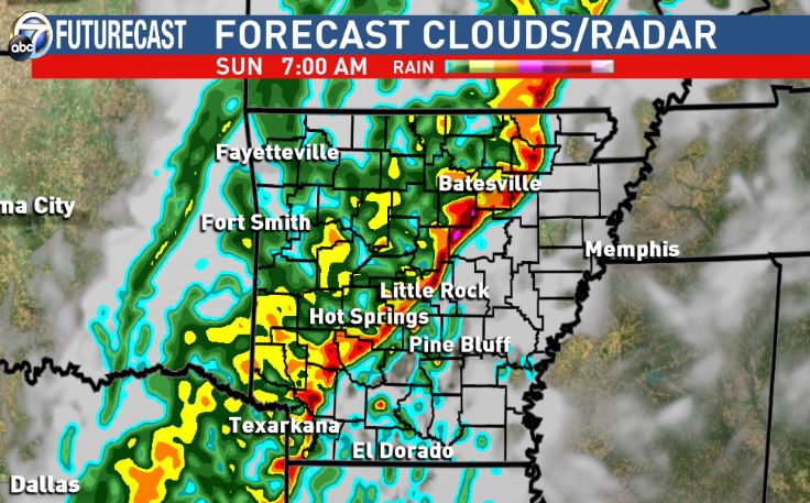 KATVBarry's tweet image. Futurecast model shows storms weakening as they move into CenAR around sunrise Sun morning #arwx #neededrain