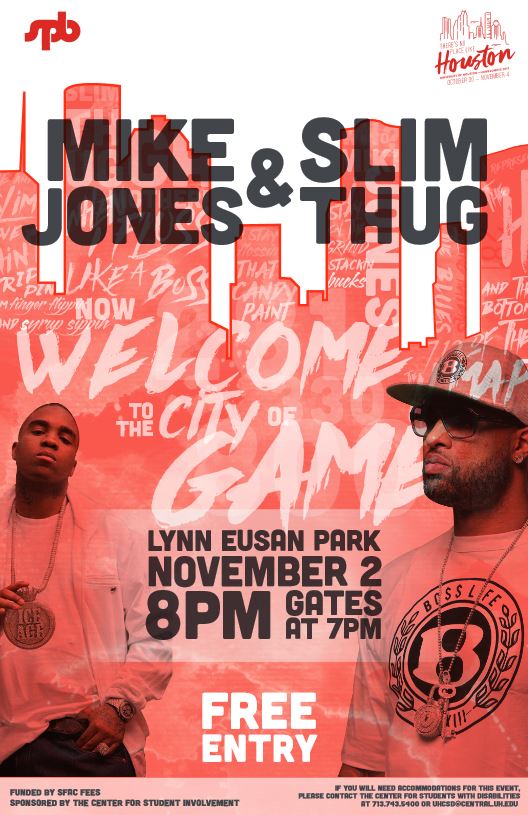 UHHomecoming's tweet photo. We are bringing Mike Jones &amp; Slim Thug to be our 2017 Homecoming Concert artists! FREE CONCERT w/ Cougar Card on 11/2! #HoustonIsHome https://t.co/P4Jb3bCBGq