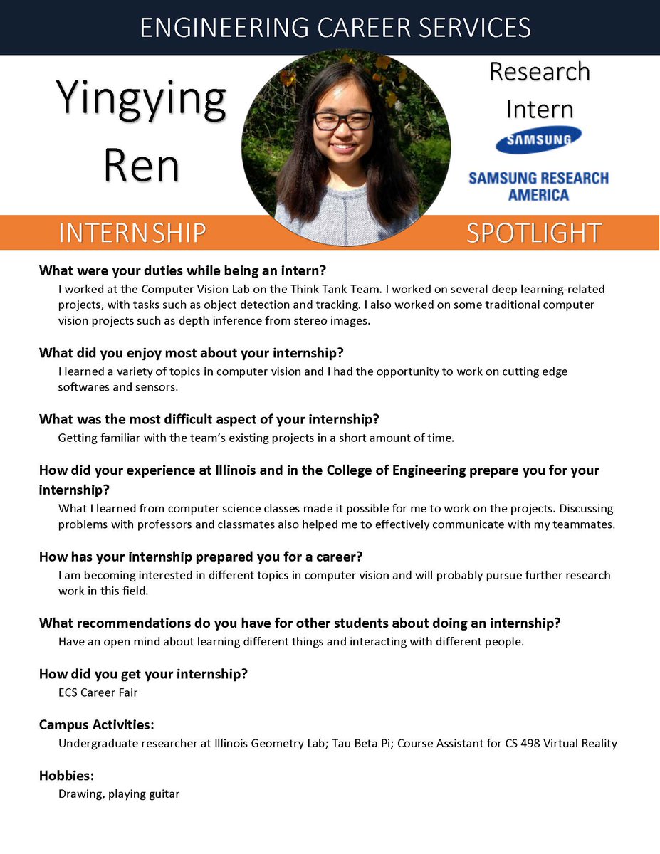 ECSillinois's tweet photo. It's #FeatureFriday, #ENGRIllini! This week's #InternshipSpotlight Yingying Ren interned at @Samsung_RA as a Research Intern. https://t.co/VW09fDbzwR