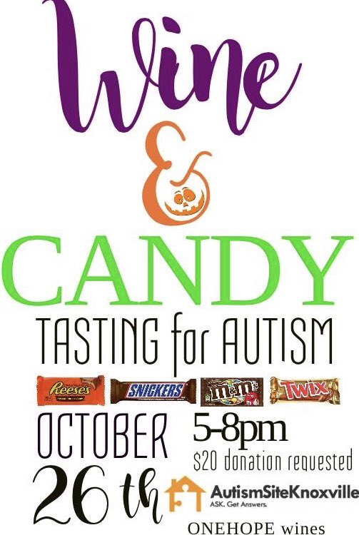 AutismSiteKnox's tweet photo. Wine &amp; Halloween candy pairings fundraiser for #autism Site #Knoxville on Thurs Oct 26 5p-8p w/ @ONEHOPEWINE https://t.co/1IHJ4xHuNg
