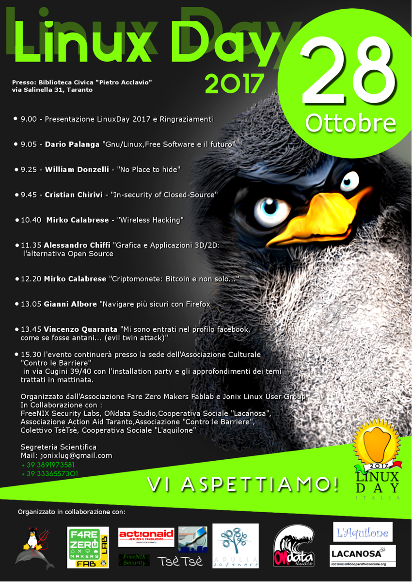 linuxdayTaranto's tweet photo. Ricordiamo che il #LD17 continuerà con l’Installation Party c/o Ass. Contro le Barriere" in Via Cugini 39/40 #taranto h 15:30-20:00. https://t.co/4hQxgNGSQa